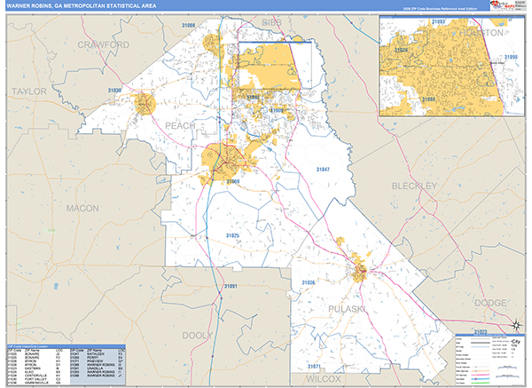 Warner Robins Metro Area Wall Map Basic Style